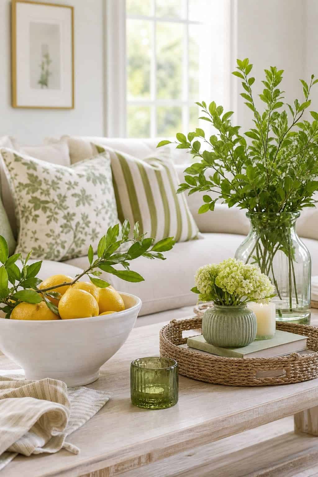 A coffee table with a white bowl of lemons, a woven tray with a small vase of green flowers, and green glass votives.