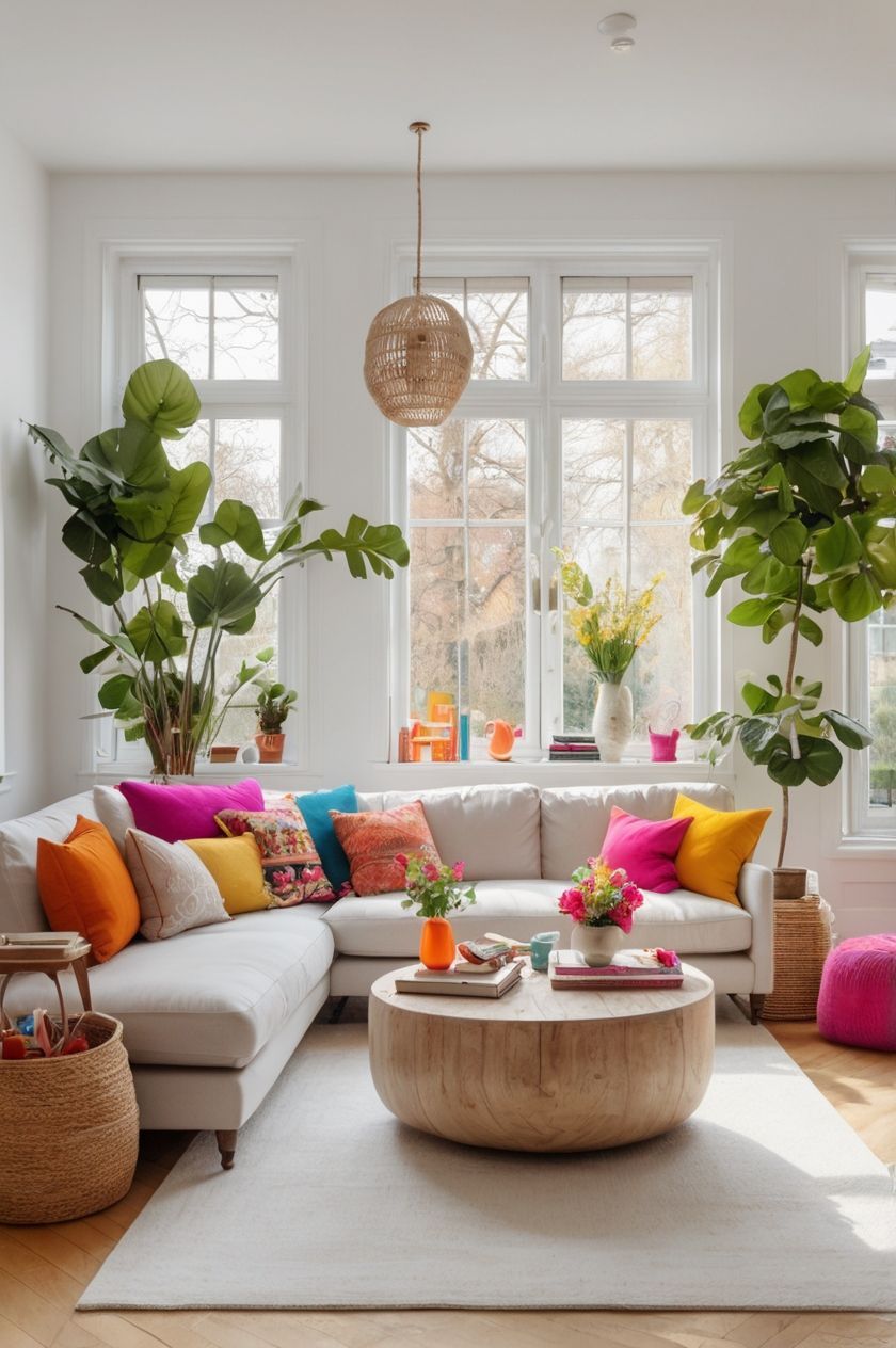 White sectional sofa with many colorful throw pillows, round wood coffee table, and large potted plants next to a bright…