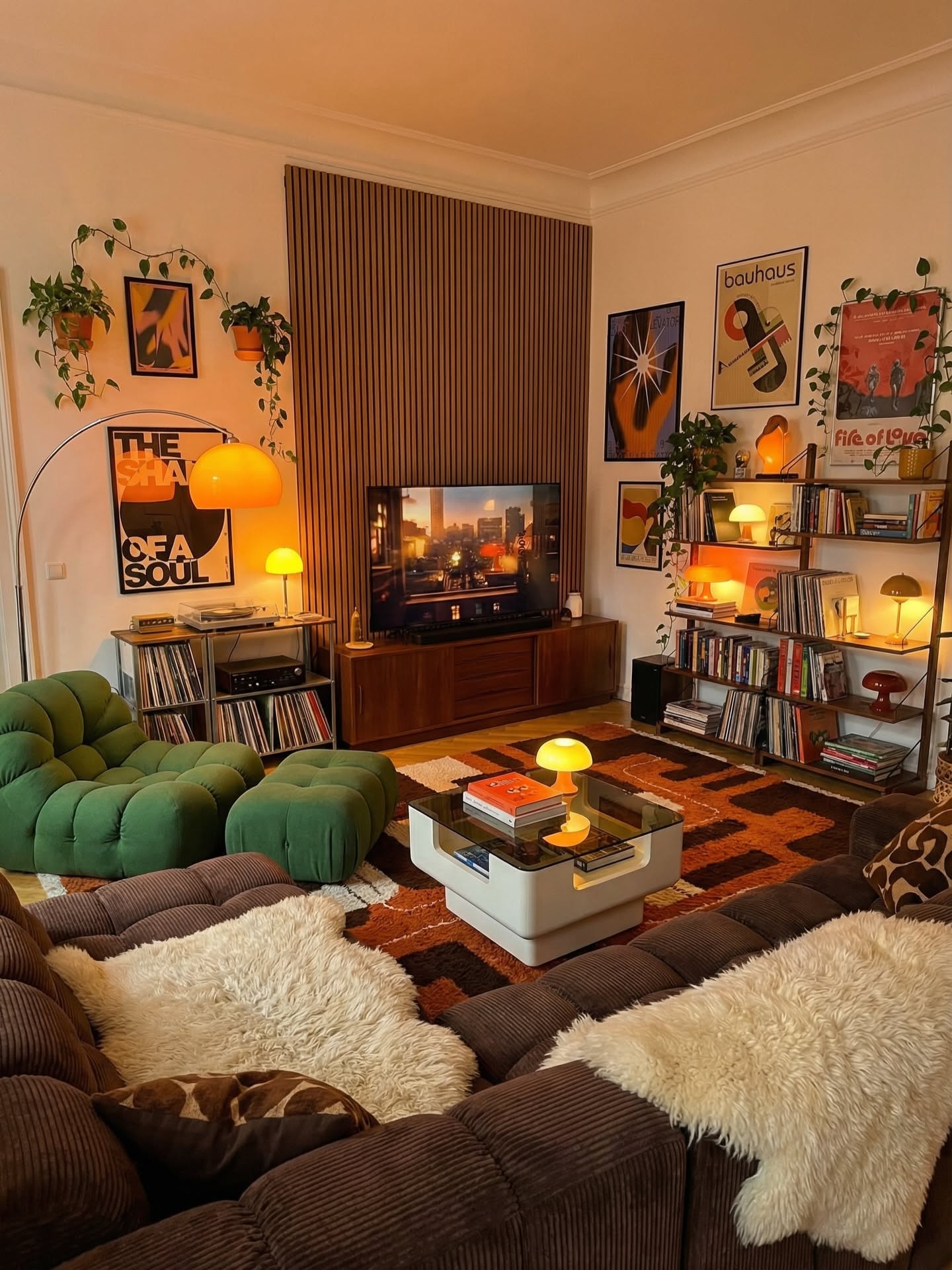 Living room with wood paneling behind the television, and various houseplants and wall art.
