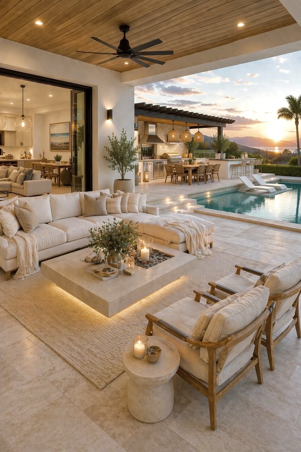 Covered outdoor patio with a large sectional sofa and coffee table with fire feature, facing a swimming pool and outdoor…