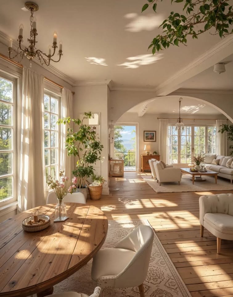 An inviting open-concept living space with a dining area and a living room, both brightly lit by natural light.