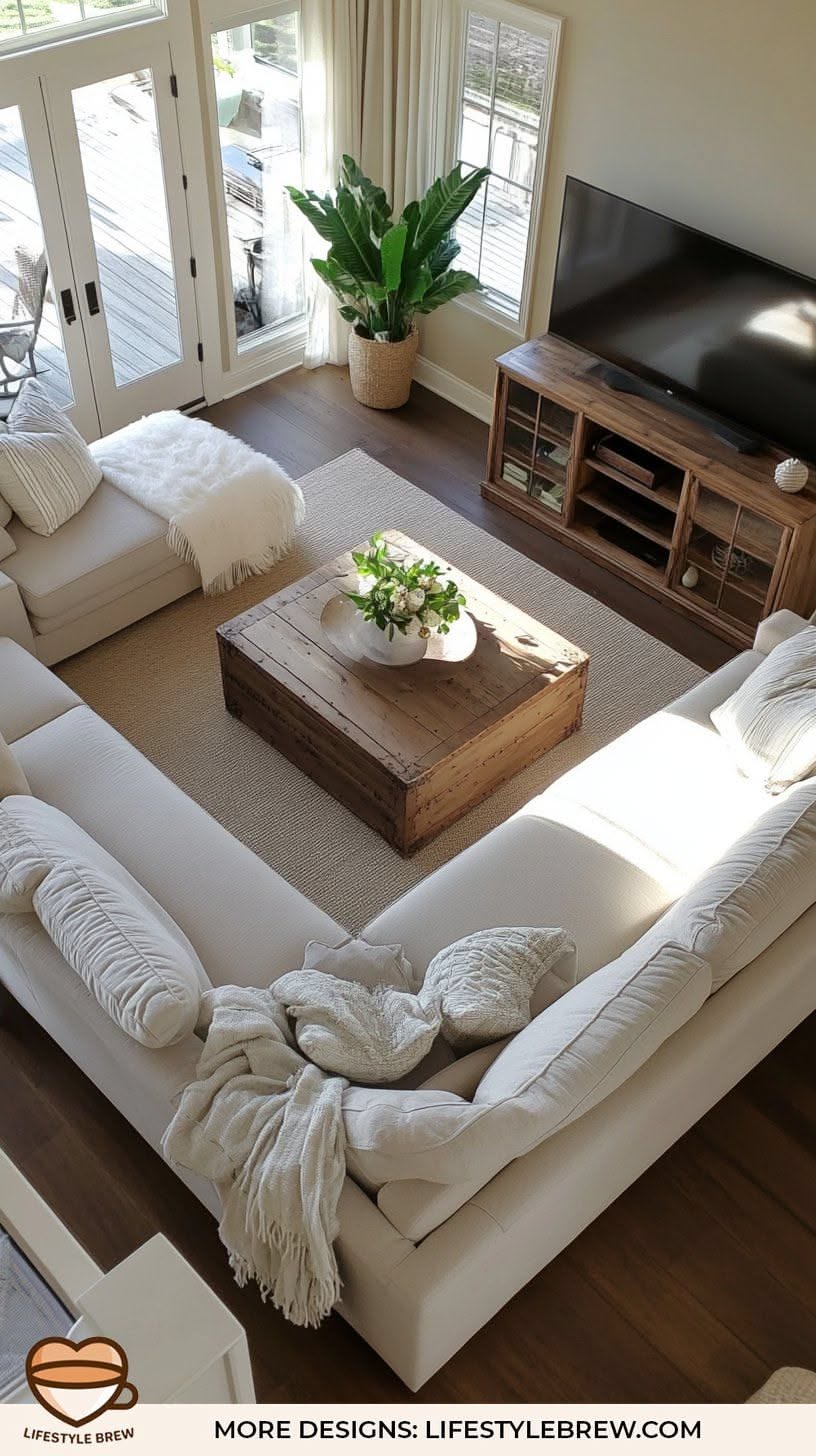 An overhead view of a living room with a large, light-colored sectional sofa arranged around a rustic wooden coffee table on…