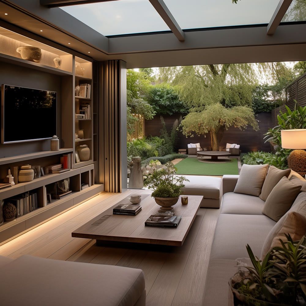 Modern living room with a large sofa, coffee table, and built-in shelving, opening onto a lush backyard with a seating area.