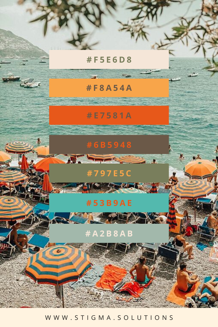 People on a rocky beach with striped umbrellas, ocean, and boats. Color swatches alongside.