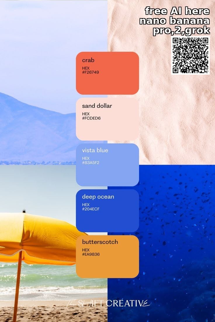 A color palette with crab, sand dollar, vista blue, deep ocean, and butterscotch next to a beach scene with a yellow…