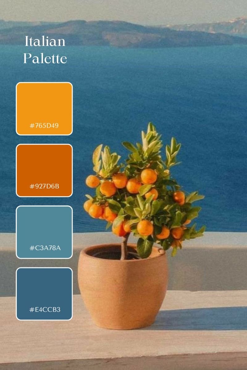 Small potted orange tree against a deep blue ocean background with color swatches