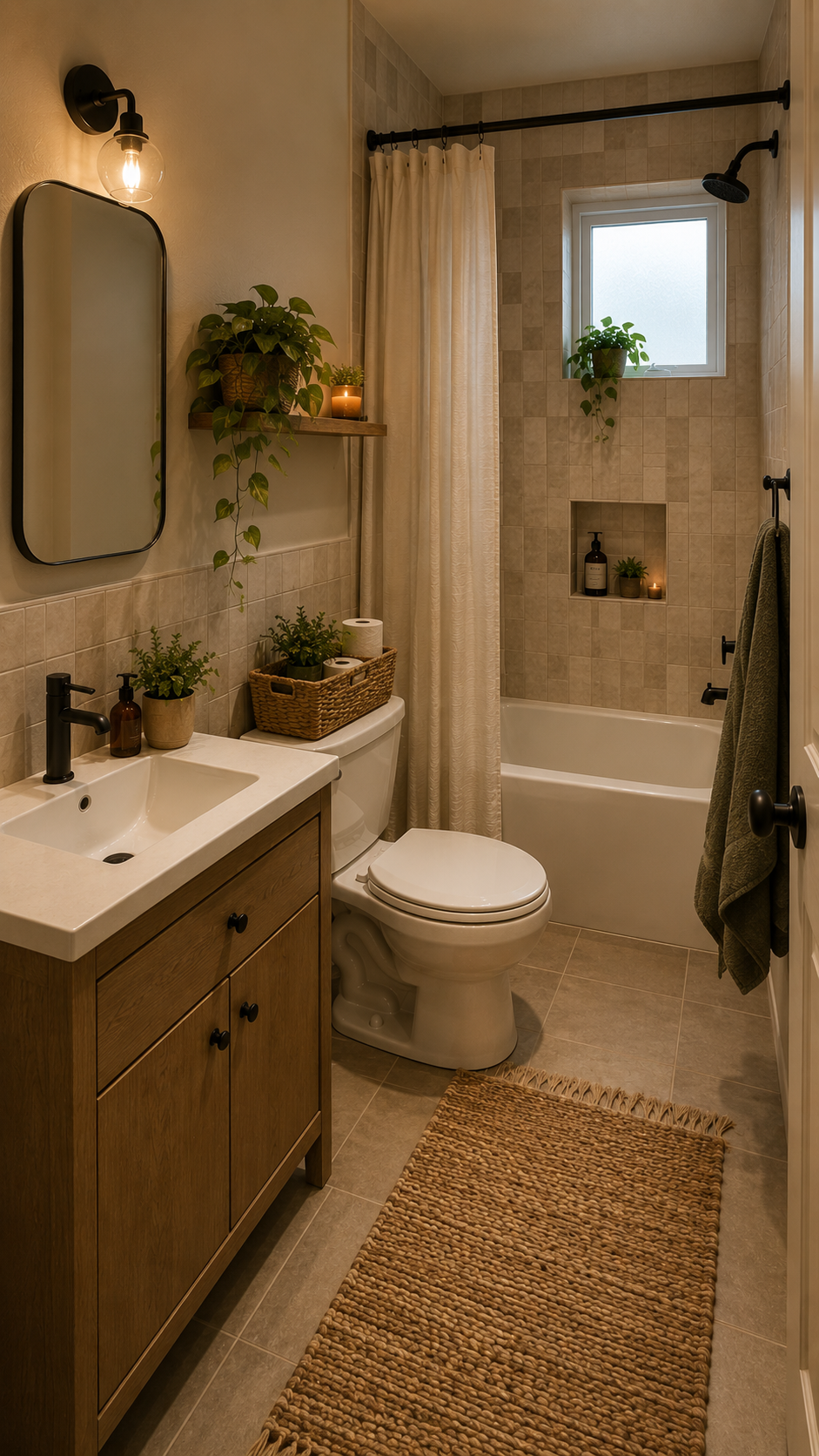 A bathroom featuring a wooden vanity, a woven rug, a white toilet, and a bathtub with a shower curtain.