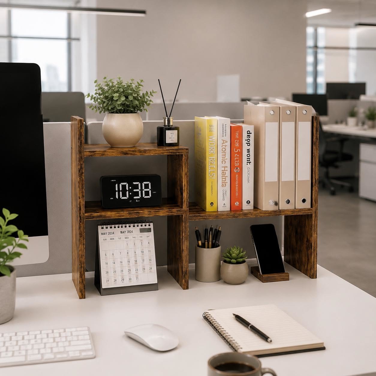 A wooden, multi-level desk organizer holds books, binders, a clock, a small plant, and other office essentials on a white…