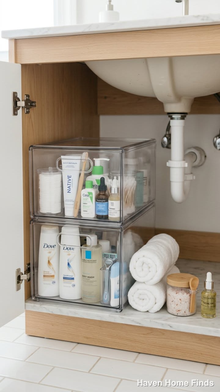 Clear stackable bins filled with toiletries under a bathroom sink, with rolled white towels beside them.
