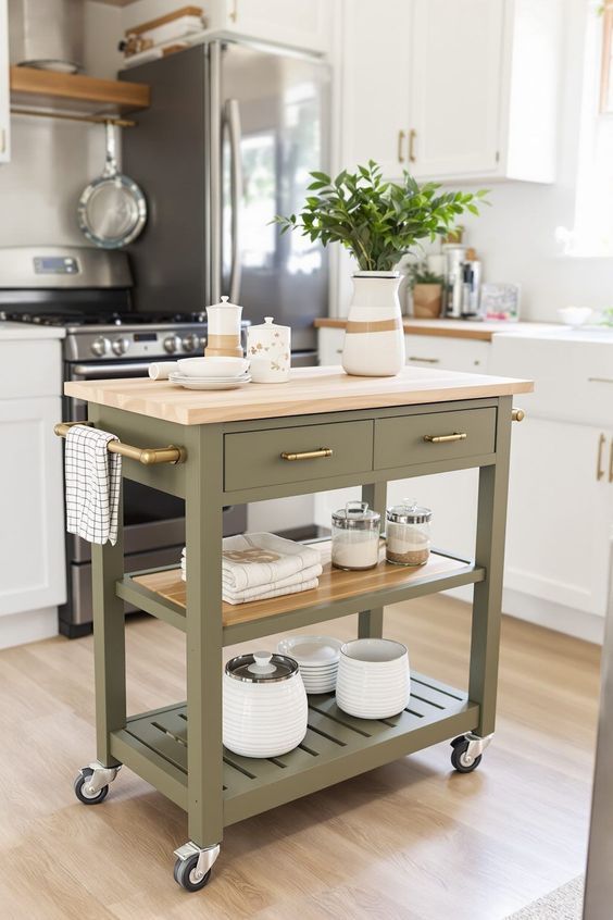 Olive green kitchen cart with wooden top, drawers, and open shelves, on wheels. A towel hangs from the side.