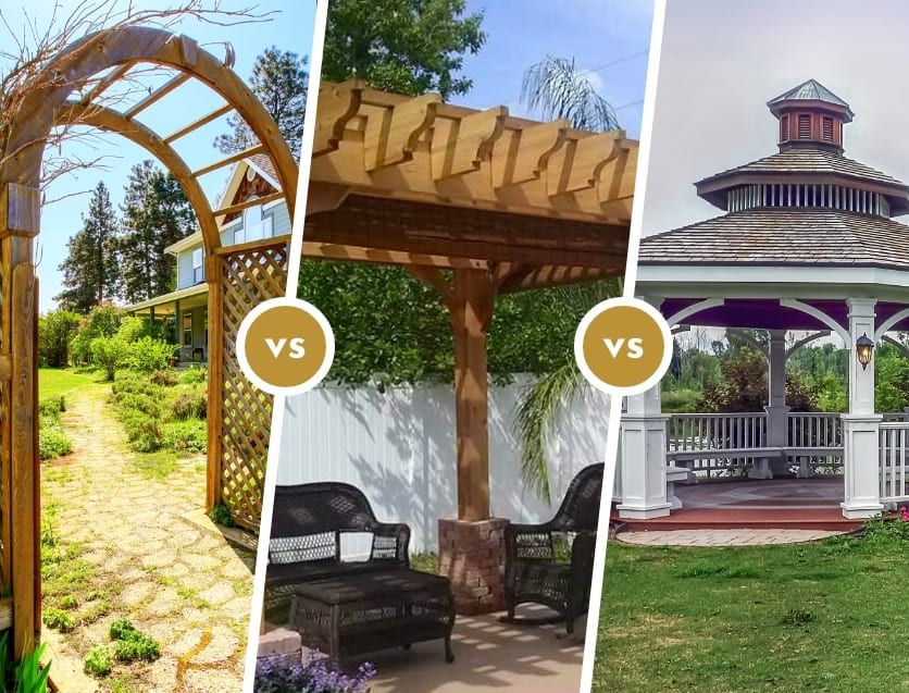 An arbor, a pergola, and a gazebo are shown side-by-side with 'VS' labels in between them, comparing the three structures.