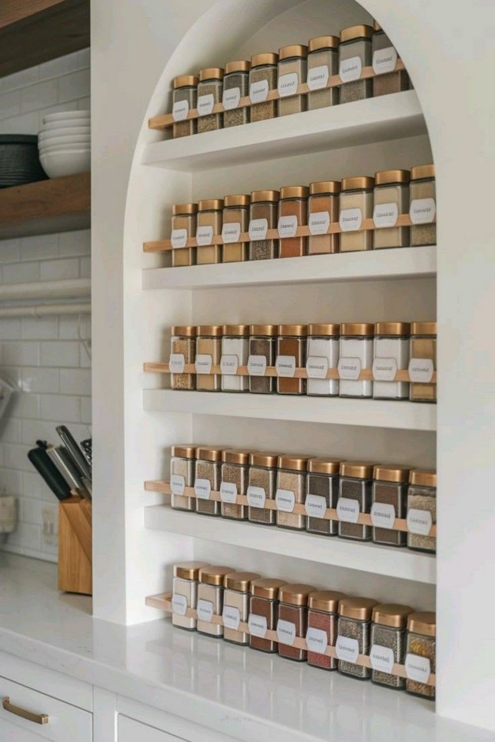 Arched white kitchen alcove with five shelves displaying rows of uniform, labeled spice jars with gold caps.