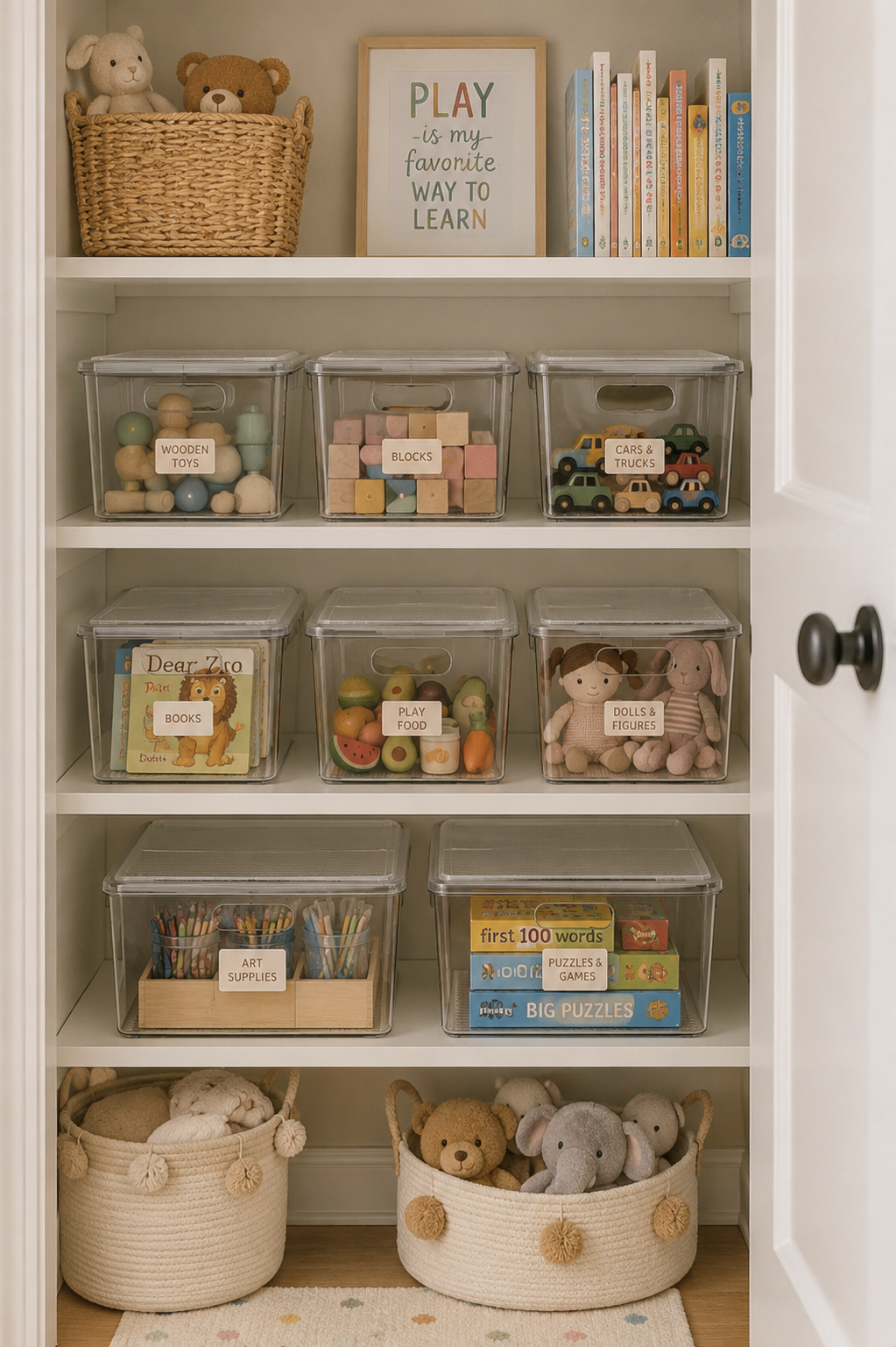 White closet shelves organized with clear plastic bins and woven baskets holding various toys.