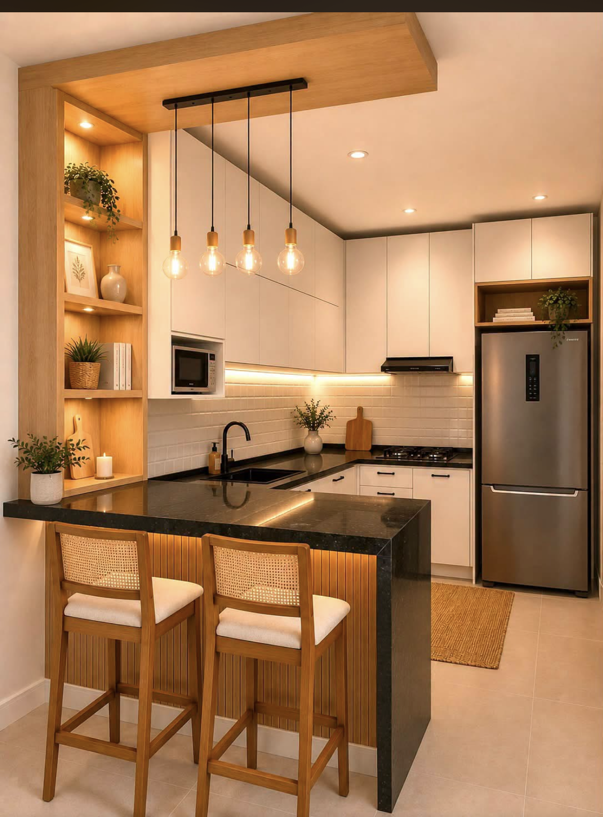 Small kitchen island with black countertop, wood slat base, and two cane-back bar stools.