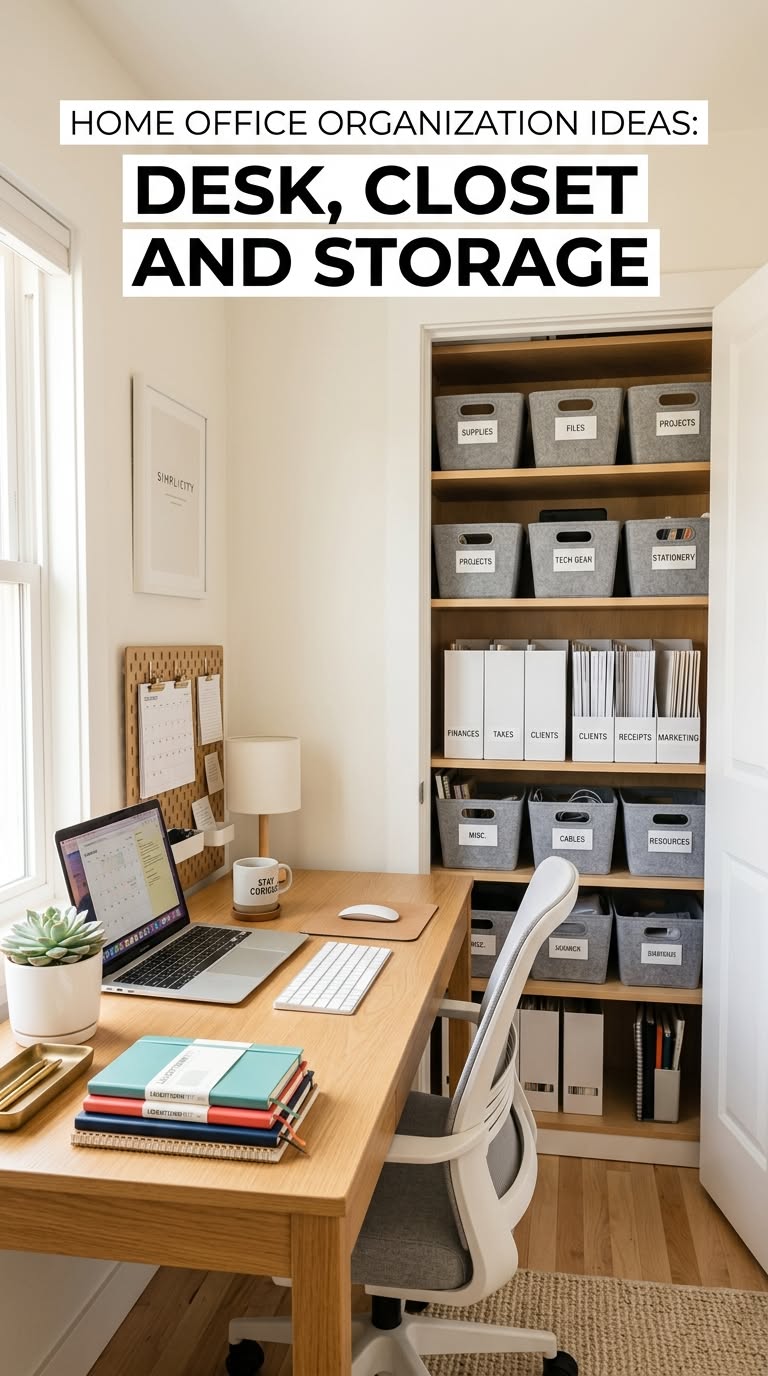 Home office desk with laptop and a closet next to it, organized with shelves, labeled bins, and magazine files.
