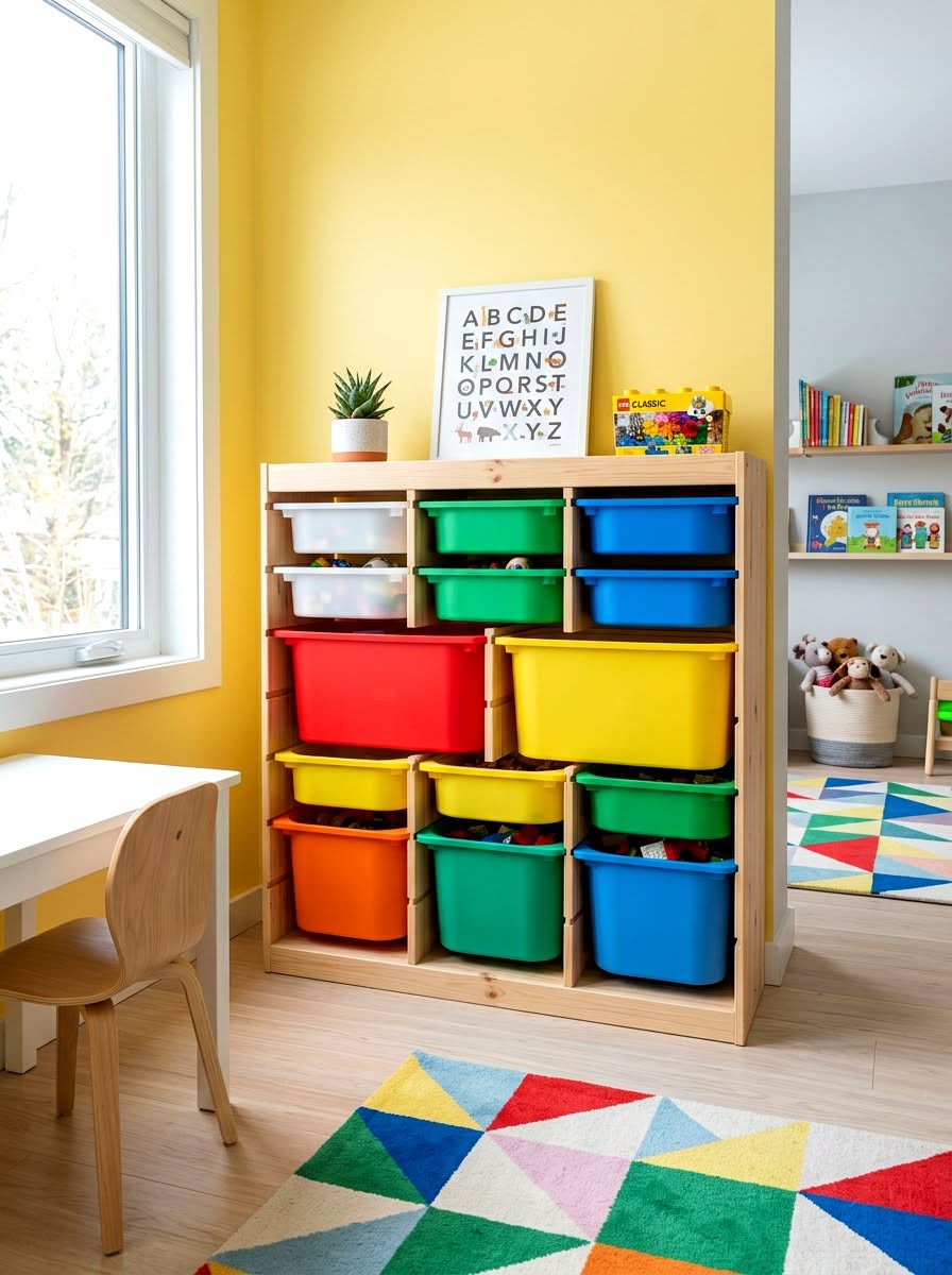 Wooden storage unit with a variety of colorful plastic bins, some translucent white, filled with toys.