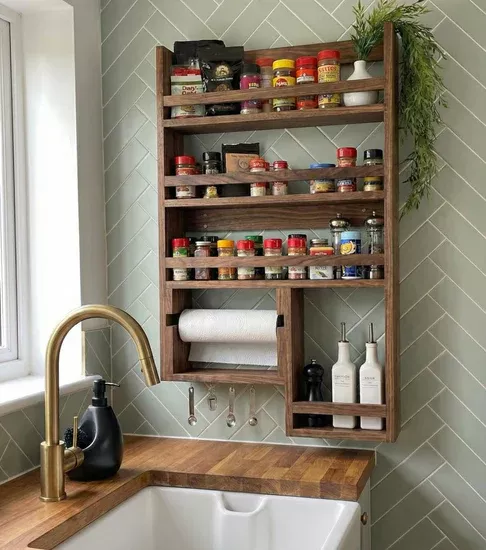 Wall-mounted wooden spice rack and organizer with multiple shelves, paper towel holder, and hooks, above a kitchen sink