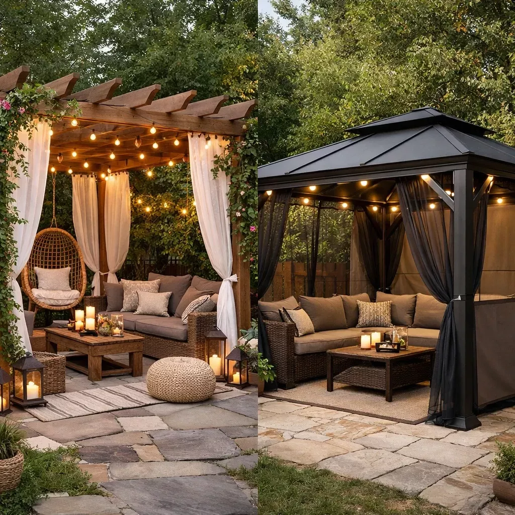 Pergola with string lights, white curtains, and outdoor furniture next to a gazebo with string lights, black curtains, and…