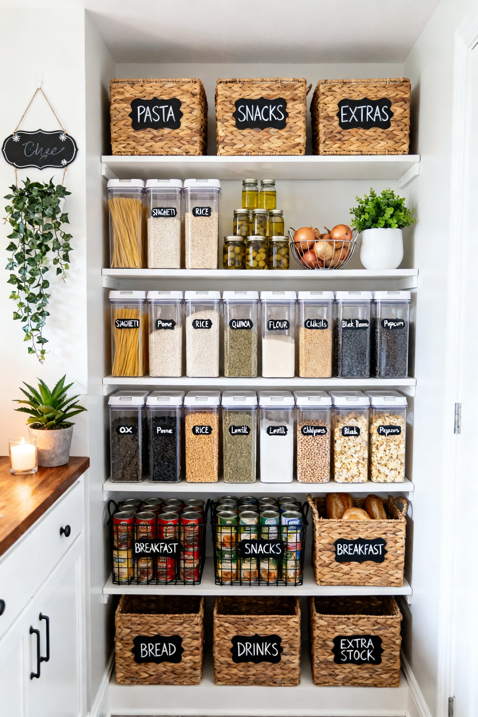 Pantry shelves filled with labeled, clear containers of dry goods, baskets for snacks and extras, and wire bins for canned…