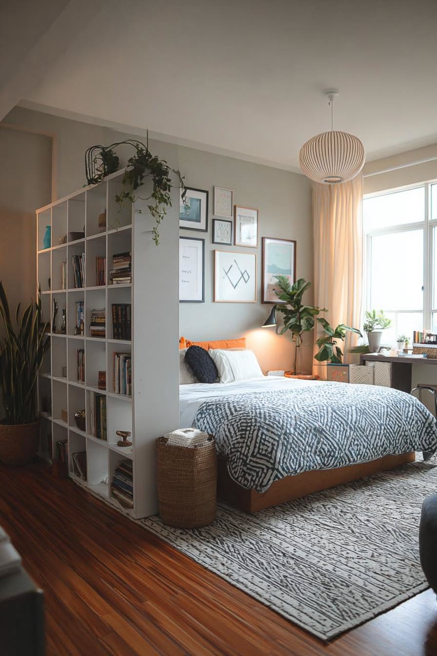 Bedroom area of a studio apartment with a bed, desk, and a tall white bookshelf acting as a room divider.