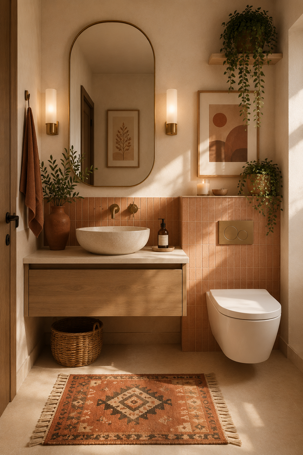 Bathroom with a floating wooden vanity, a vessel sink, and terracotta-colored wall tiles behind.