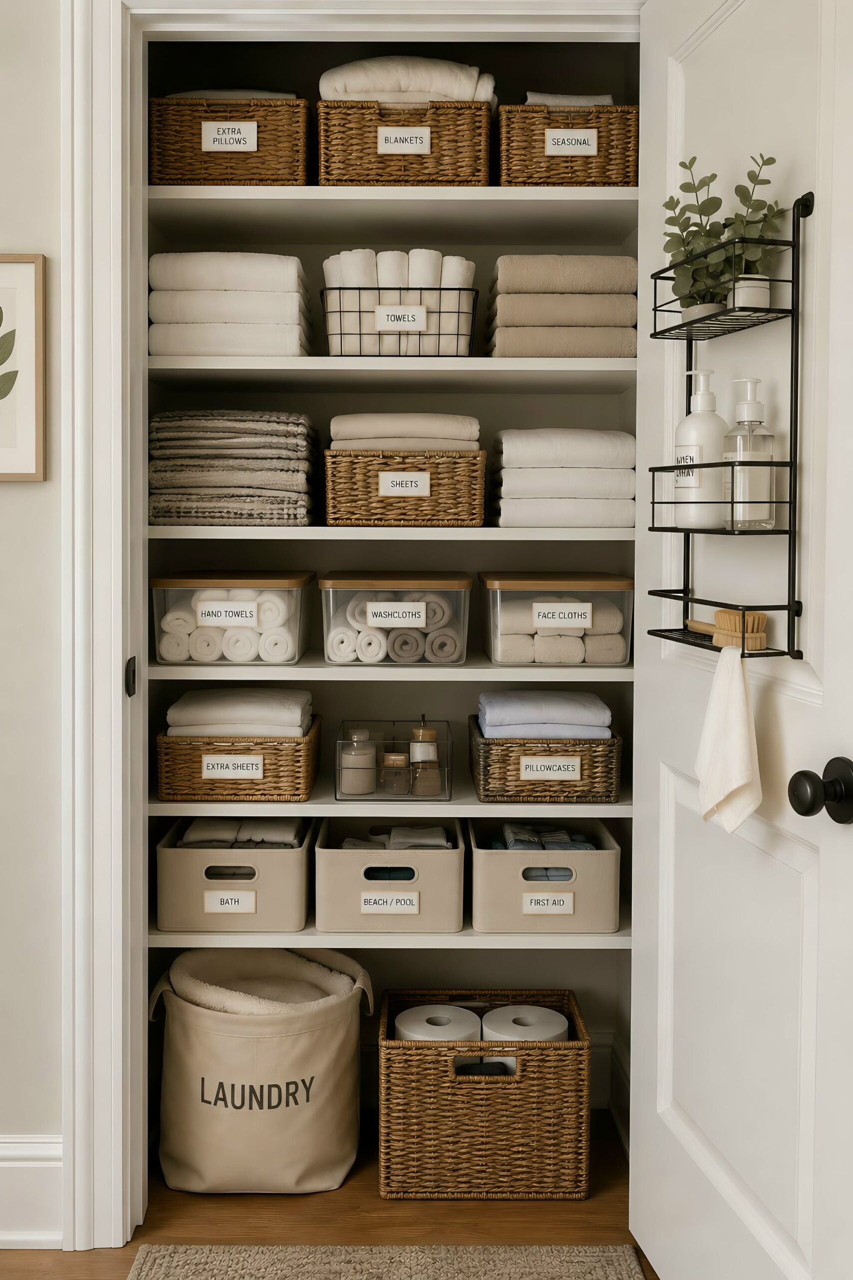 An organized linen closet with labeled woven baskets and clear containers holding folded towels, sheets, and other household…