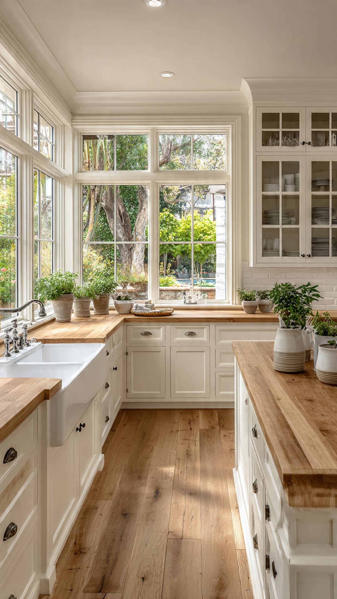 Farmhouse kitchen with white cabinetry, light wood countertops, large windows, and many potted plants on the counter.