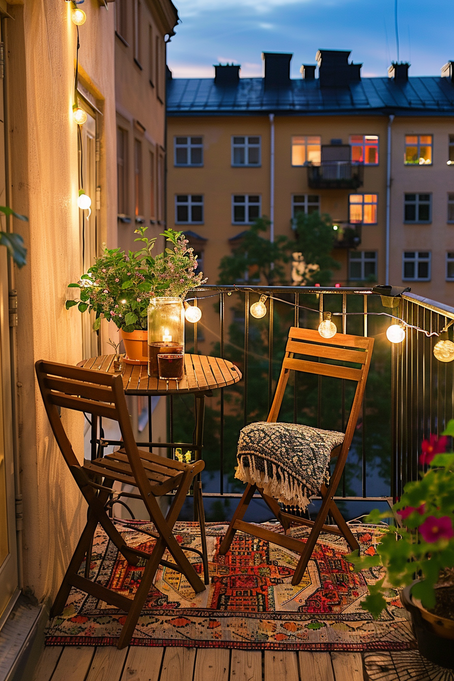 A small balcony with a round wooden table, two chairs, a potted plant, and string lights hung along the railing and wall at…