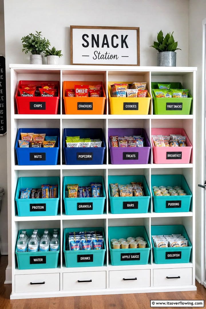 White shelving unit with multiple colorful open-front bins. Each bin is labeled by snack type: Chips, Crackers, Cookies…