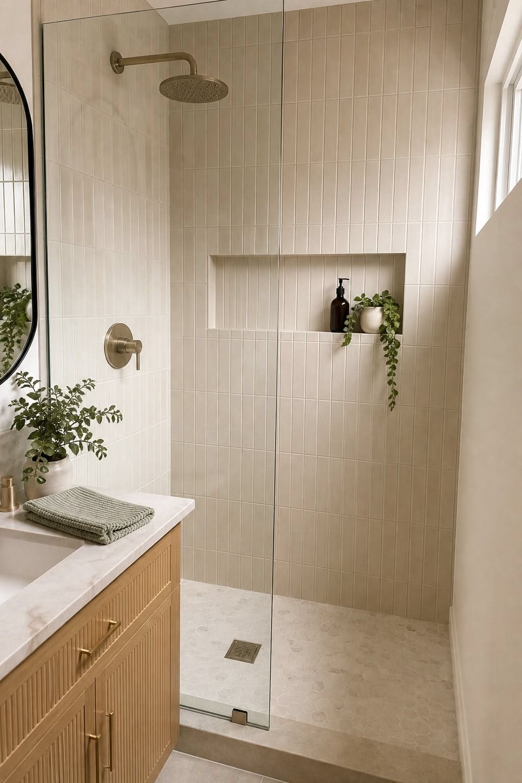 Neutral-toned bathroom with subway tile shower and hexagon floor tiles, glass shower door, wooden vanity, and round mirror.
