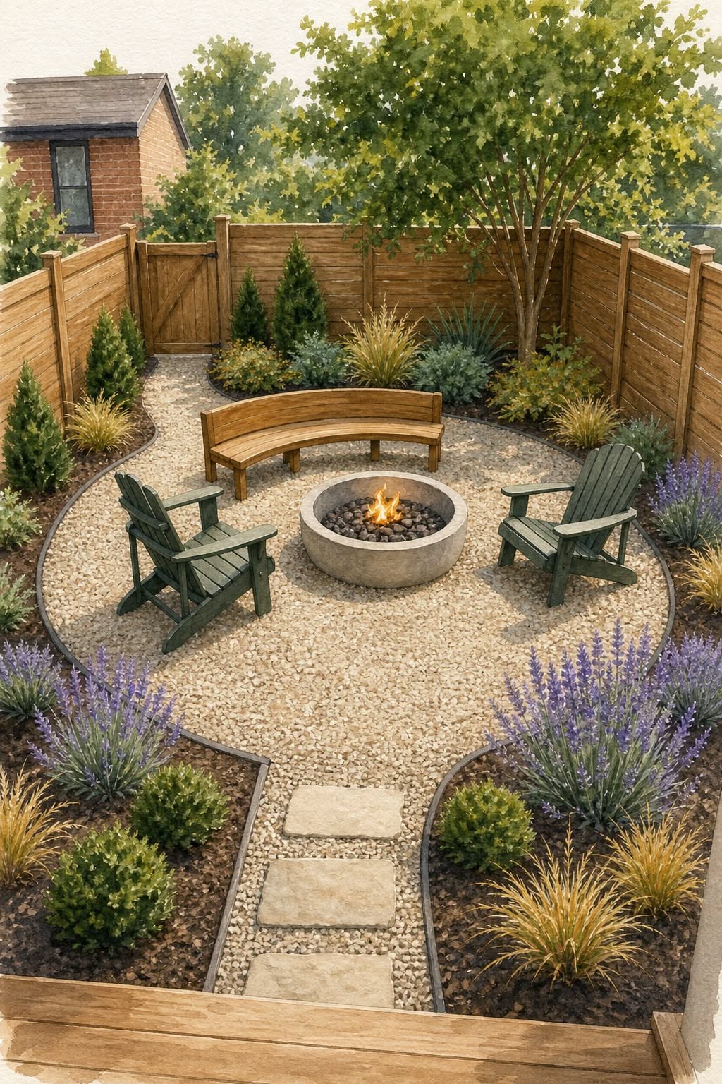 Aerial view of a landscaped backyard fire pit area with a concrete fire pit, wooden bench, and two Adirondack chairs on…