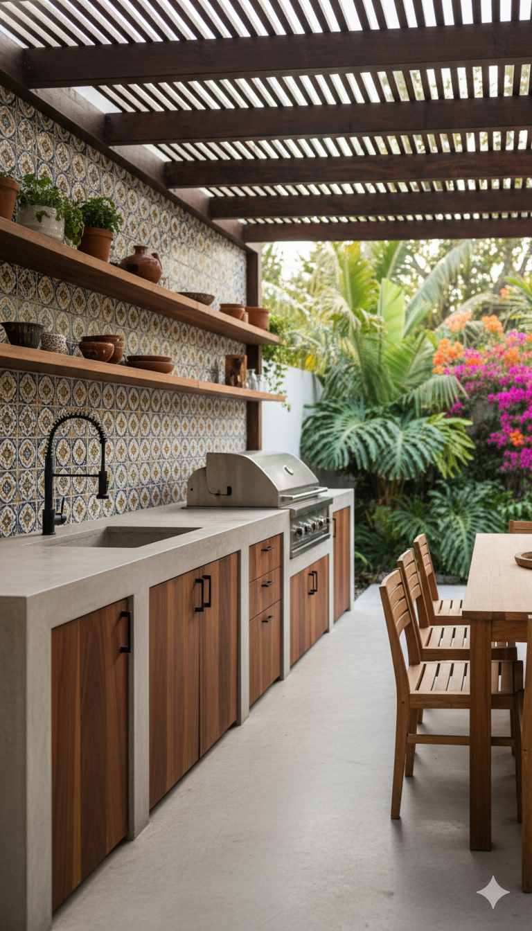 Outdoor kitchen with concrete countertops, wooden cabinets, a sink, and a grill, under a slatted pergola.