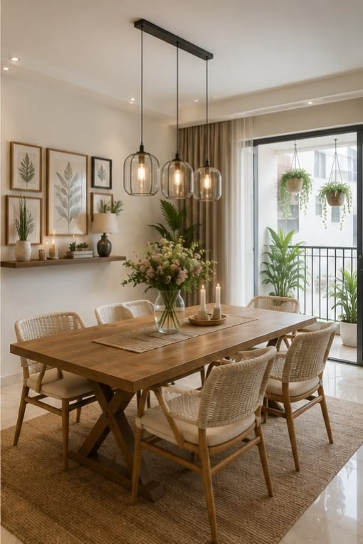 Dining room with a wooden table, woven chairs, trio of glass pendant lights, and a gallery wall
