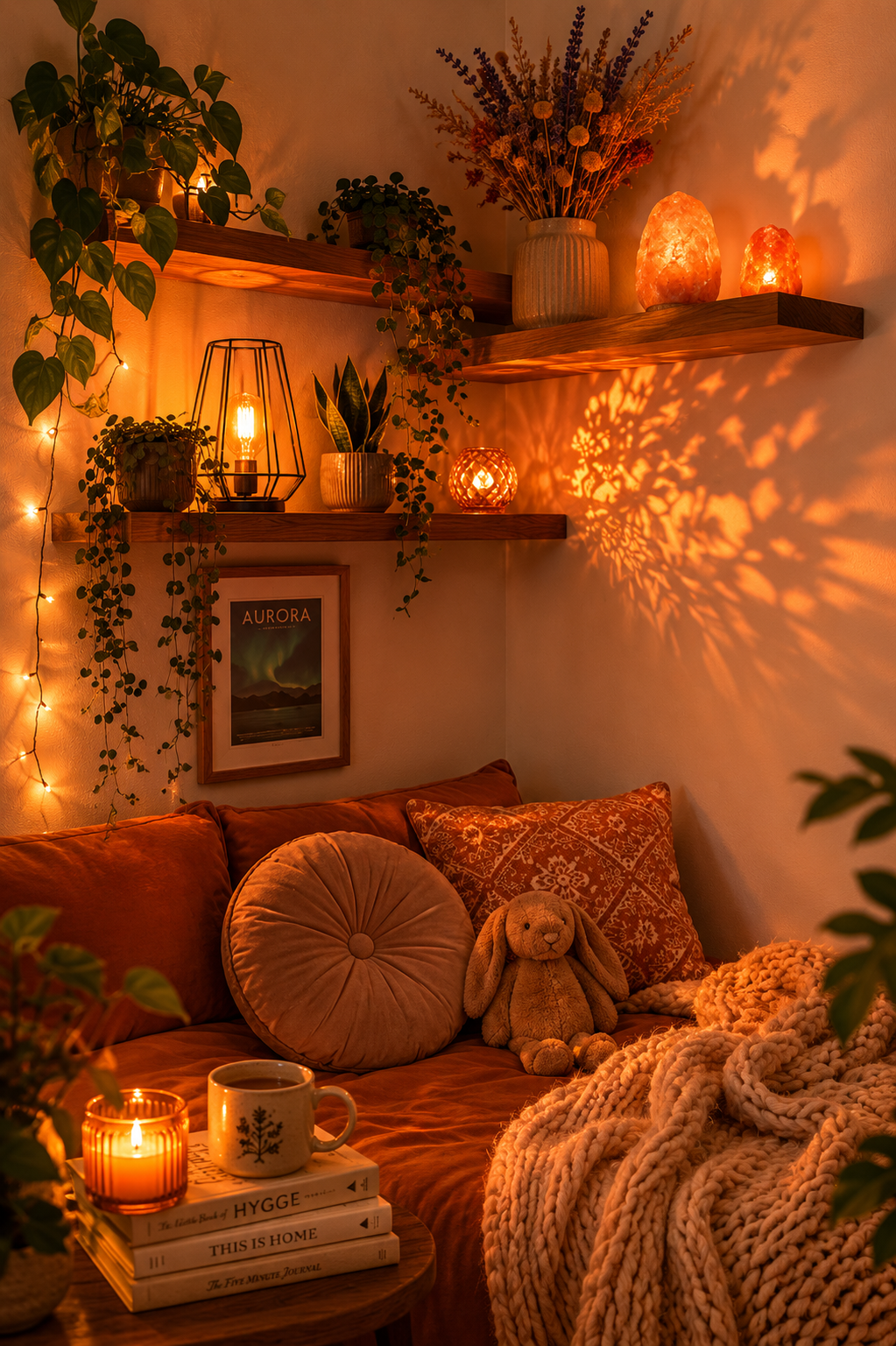 A cozy, warmly lit corner of a room with floating wooden shelves, plants, and various lamps, including salt lamps, creating…