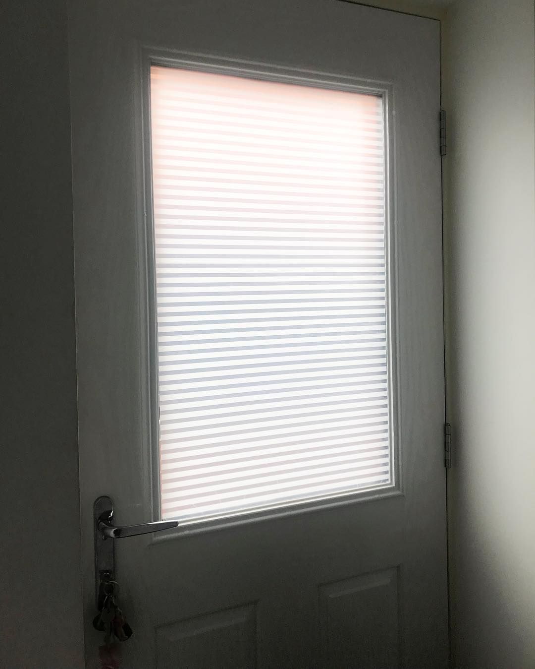 A white back door with a large rectangular frosted privacy film covering the glass panel.