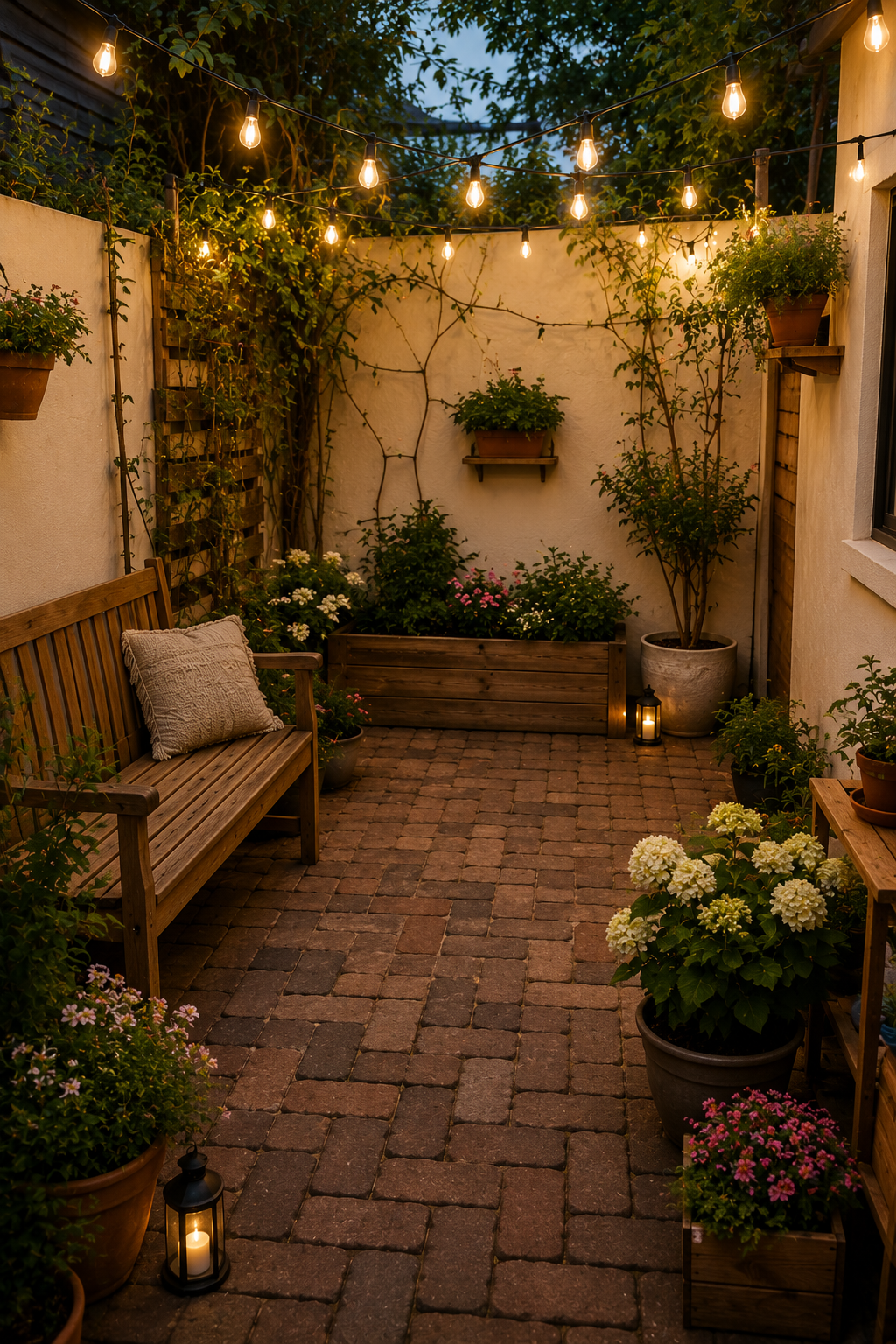 A small, enclosed patio at dusk, illuminated by string lights. A wooden bench sits against one wall, surrounded by various…