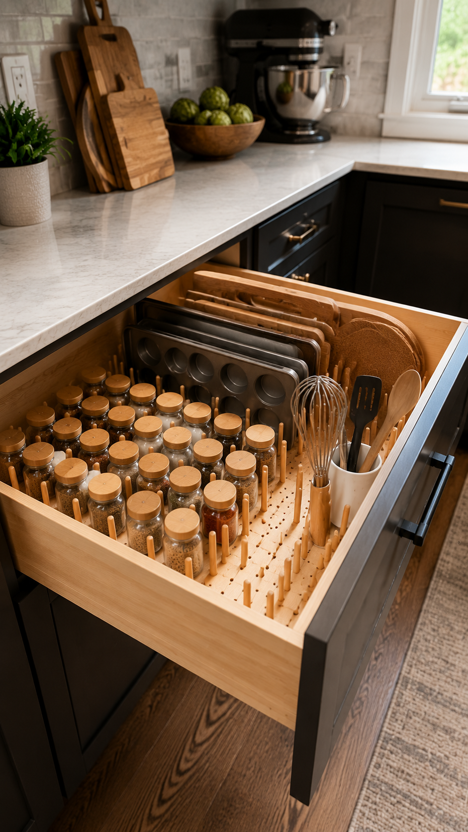 Open kitchen drawer with a light wood peg organizer holding spice jars, muffin tins, and cutting boards.