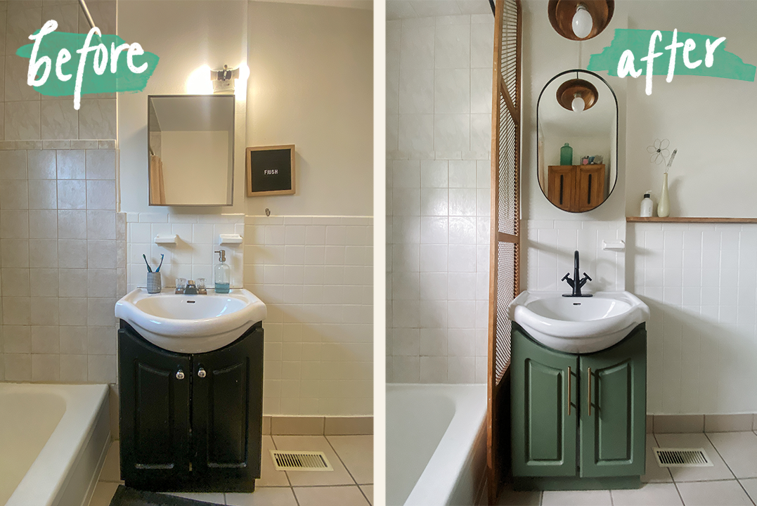 Before and after comparison of a bathroom vanity: The 'before' shows a black vanity, while the 'after' reveals a green…