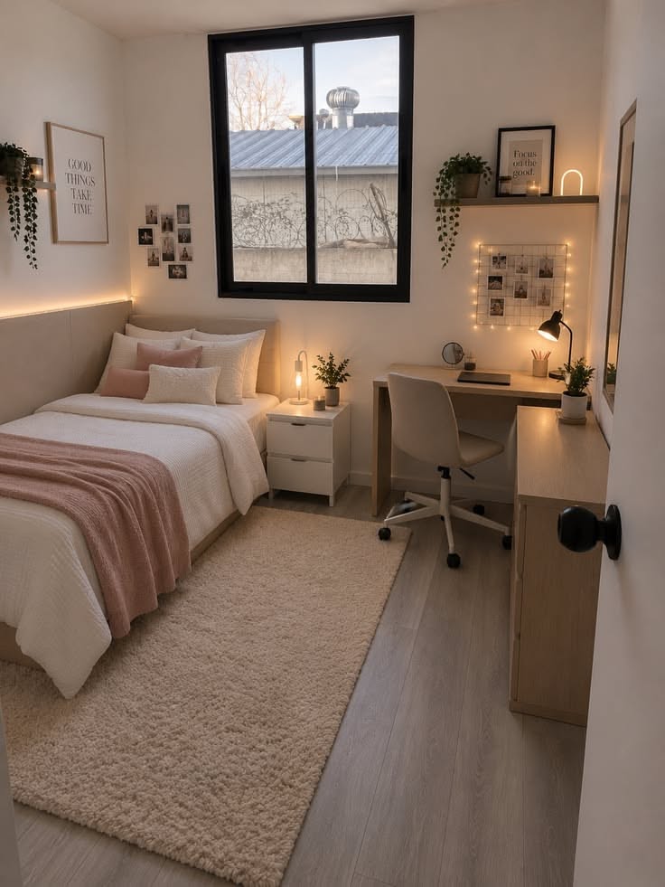 A small bedroom with a bed, a desk, and a window. The room is decorated with plants and string lights.