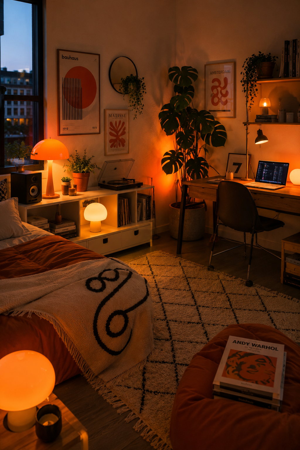 A bedroom at dusk with multiple lamps casting warm, orange light. A bed is on the left, a desk on the right.