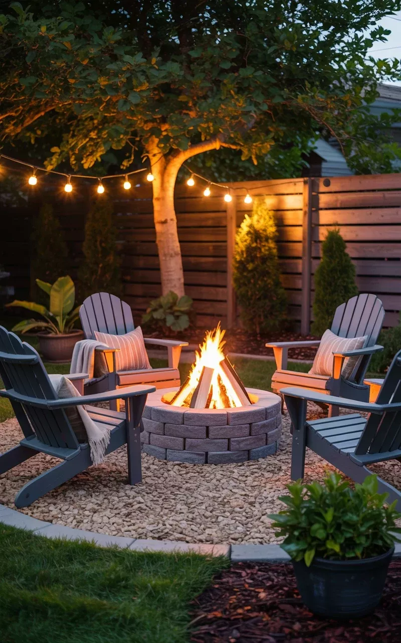 Evening view of a backyard fire pit area with four dark Adirondack chairs surrounding a lit stone fire pit.