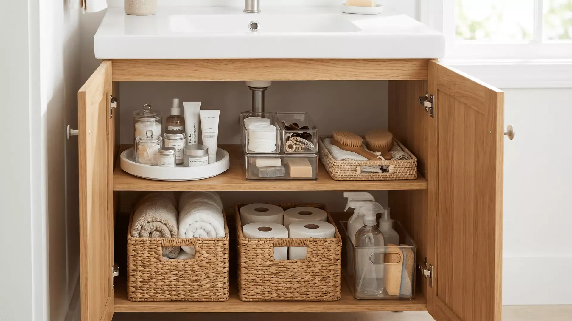 An open bathroom vanity cabinet reveals various organizers including a turntable, clear bins, and wicker baskets.