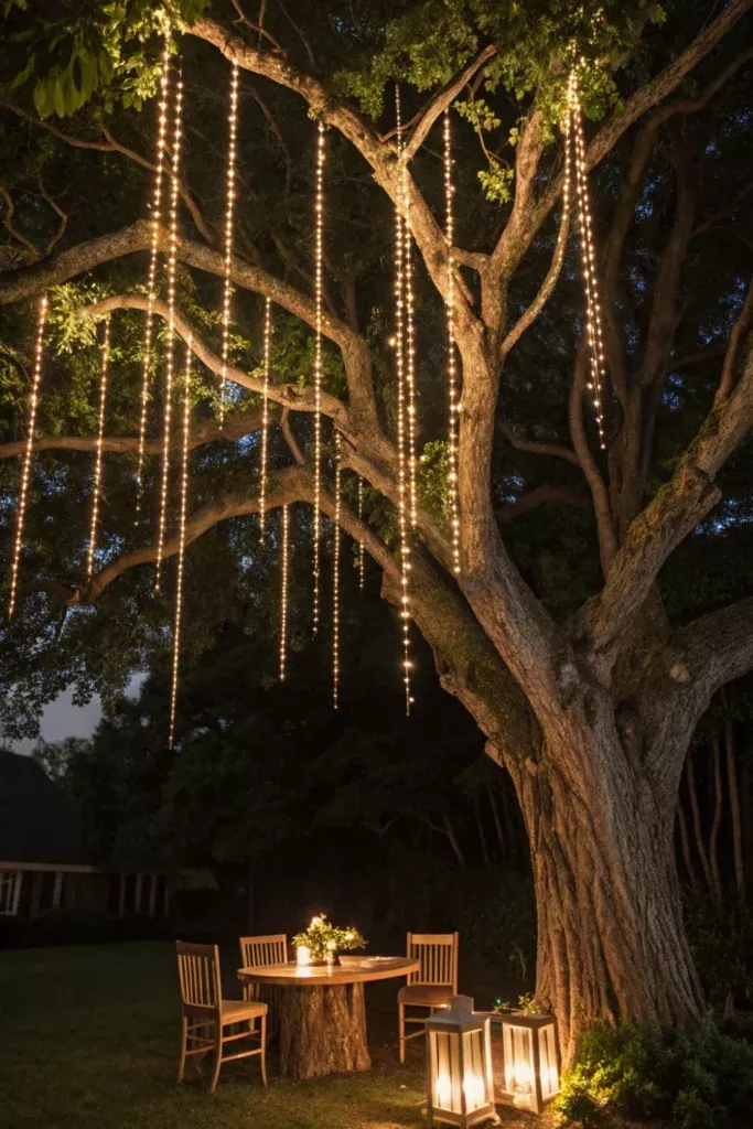 Strings of fairy lights hanging from the branches of a large, mature tree over an outdoor dining area at night.