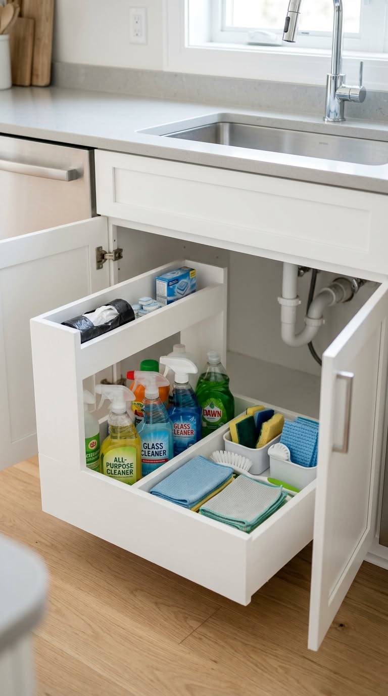 Under-sink kitchen cabinet with a white two-tier sliding drawer system holding cleaning sprays, dish soap, sponges, and…