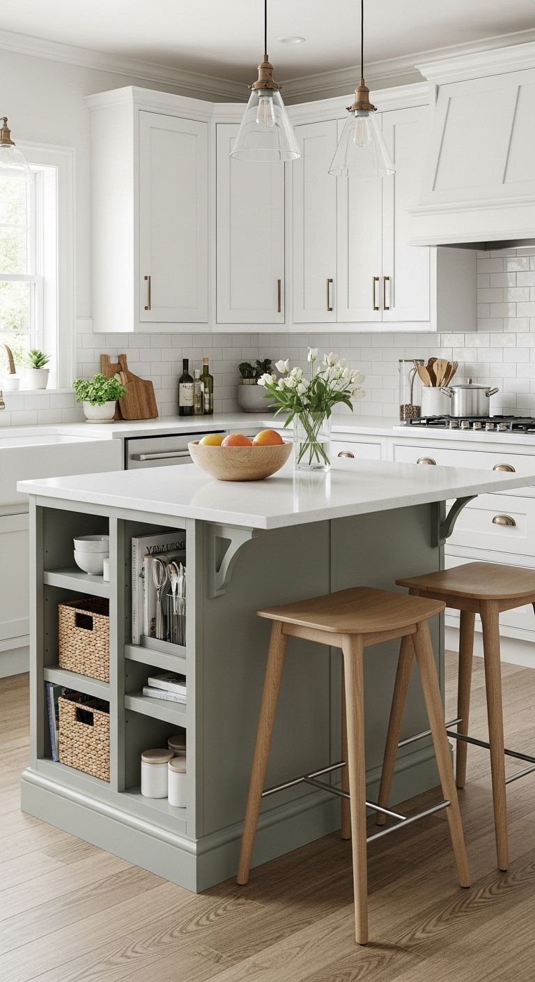 Kitchen island painted sage green with open shelving on one side, displaying baskets, cookbooks, and utensils.