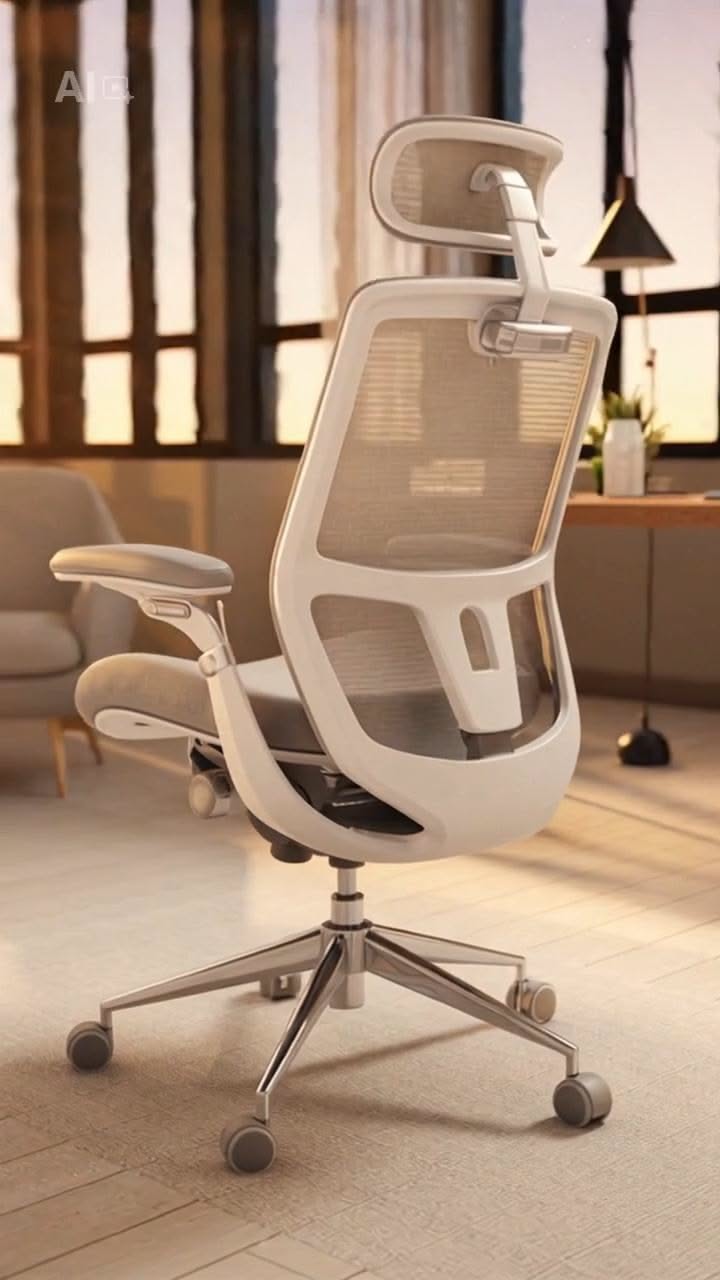 Light-colored ergonomic office chair with mesh back, headrest, and adjustable armrests in a home office setting.