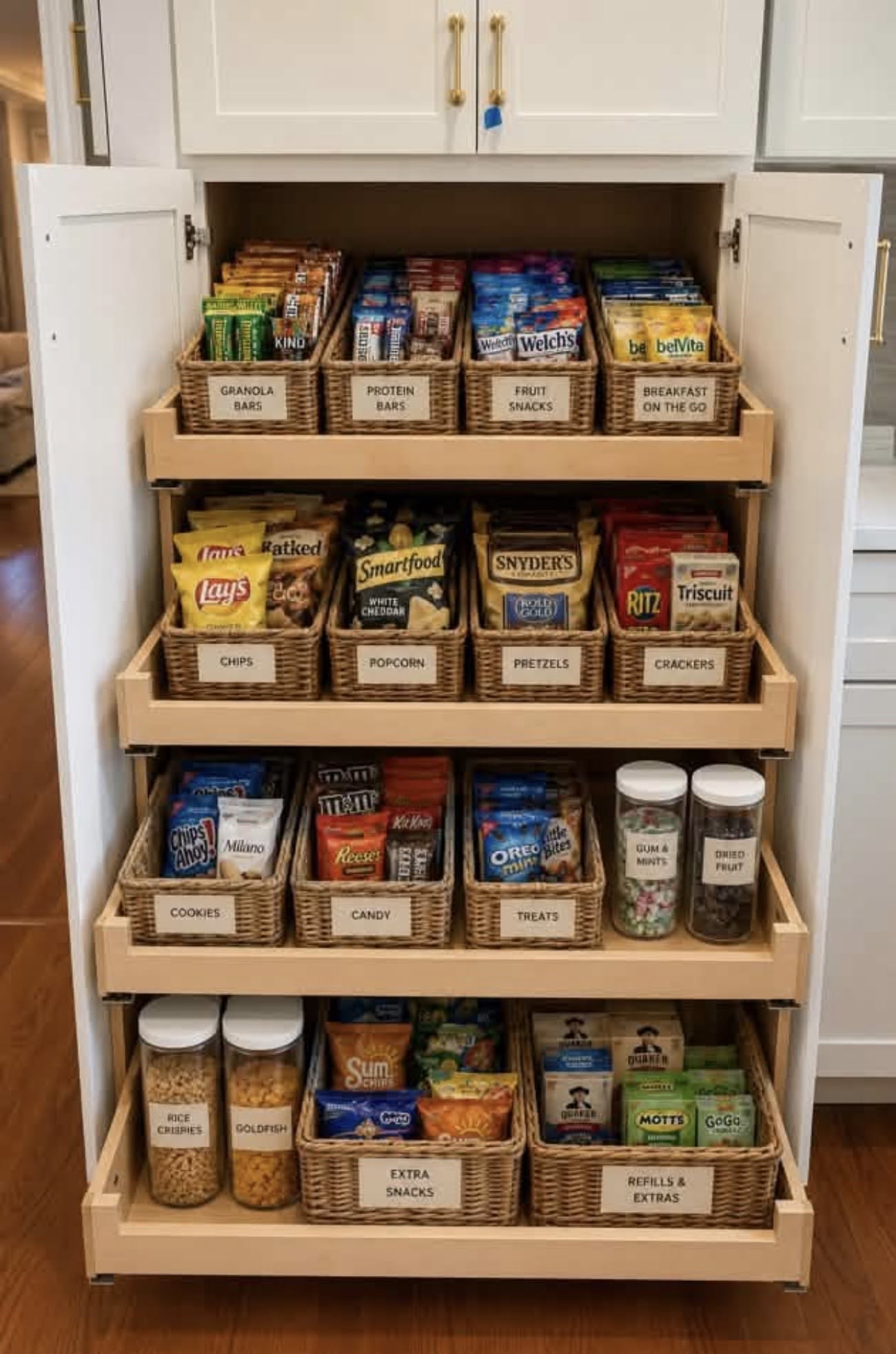Pantry with pull-out wooden shelves, each holding woven baskets filled with individually portioned snacks like chips…