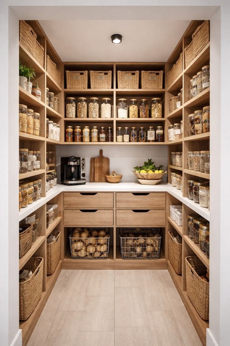 Spacious, well-organized walk-in pantry with wooden shelves, drawers, and baskets filled with various food items.