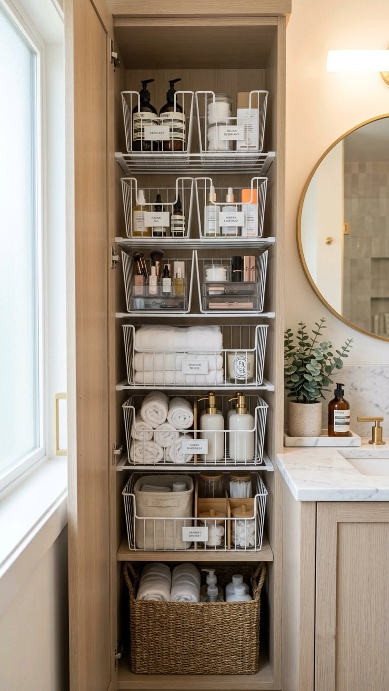 Open bathroom cabinet with multiple shelves, organized with white stackable wire bins holding skincare, towels, and…