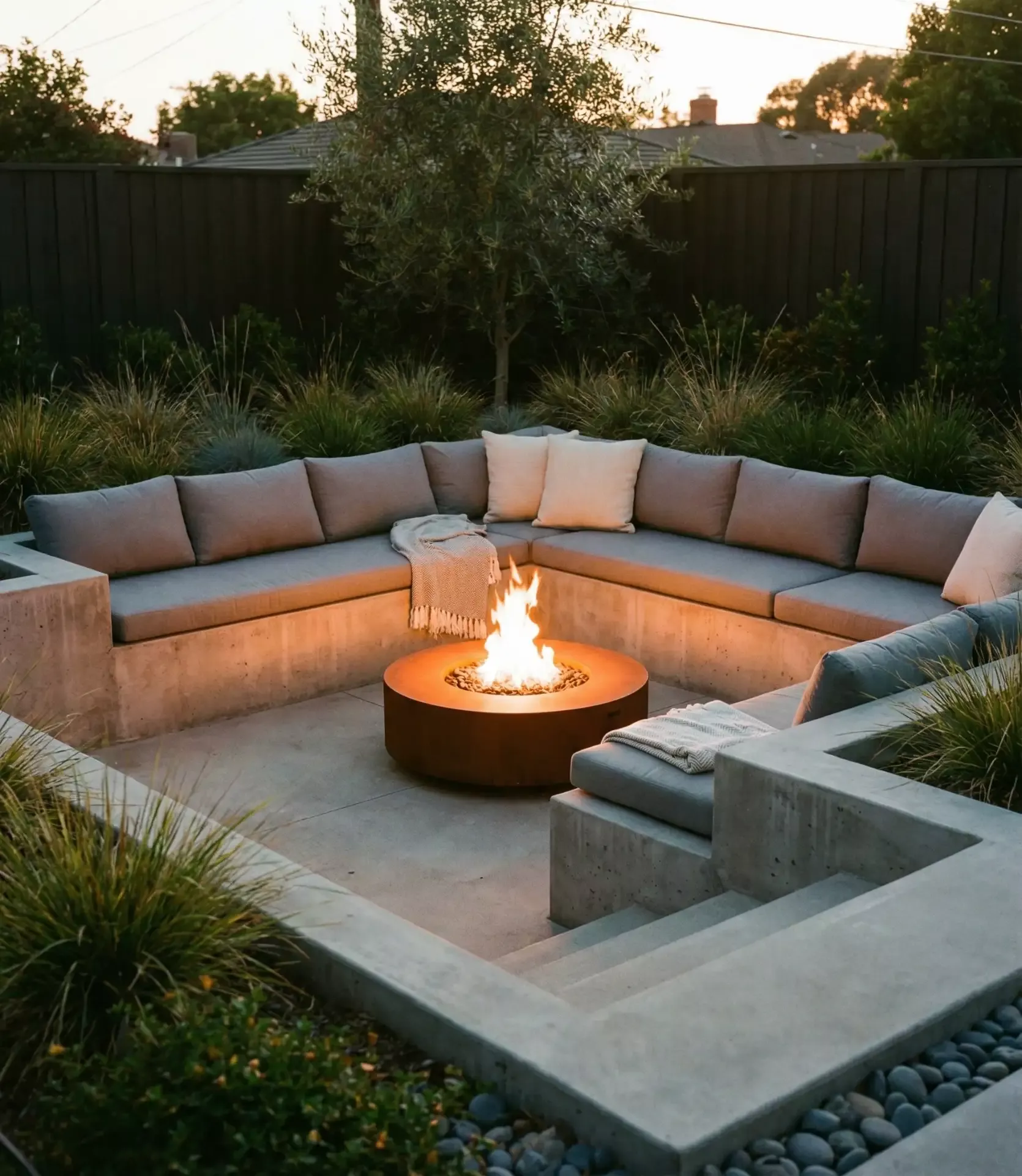 Outdoor sunken seating area with concrete benches and cushions around a round fire pit with flames, surrounded by plants.